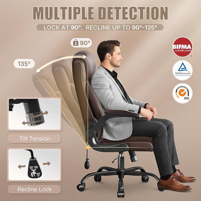 Ergonomic Office Chair, Home Desk Computer Chair, High Back Executive Chair- Padded Leather Comfy Chair with Adjustable Lumbar Support & Flip-Up Arms, Swivel Chair for Home Office,Brown 2 Pack