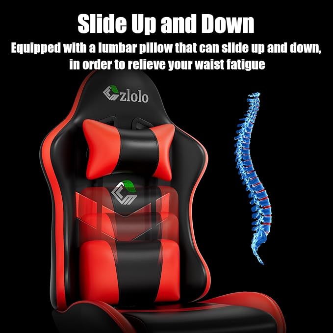 Czlolo Gaming Chair, Ergonomic Office Computer Chair with Footrest and Lumbar Support Massager Racing Style High Back Video Gamer Chair, Wide＆Thick Cushion, 90°-135° Recline, Adjustable Height, Red