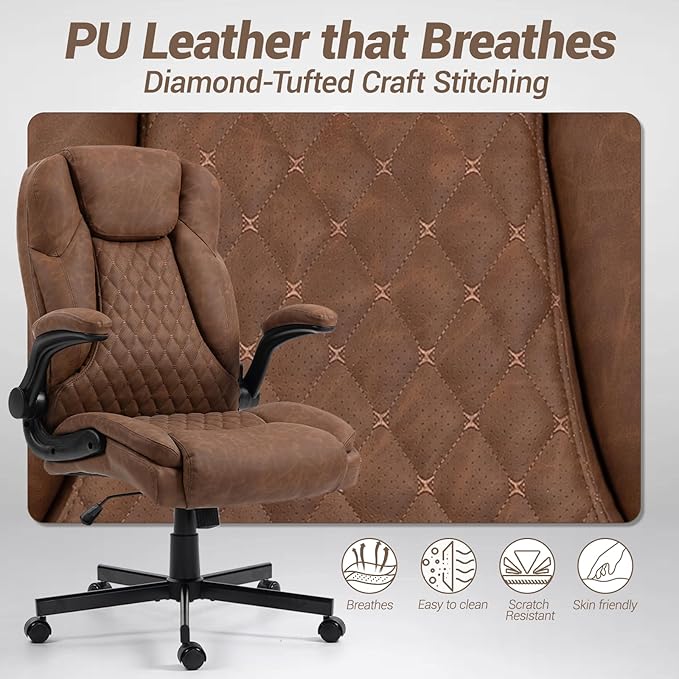 450 LBS Big and Tall Office Chair w/Flip Up Armrest, Comfy Heavy Duty Executive Chair, Extra Wide Seat Ergonomic Computer Home Office Desk Chair w/Rocking Function, Lumbar Support - Brown