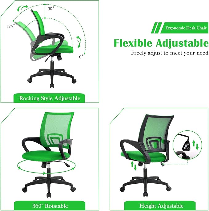 Office Chair, Desk Chair with Lumbar Support Arms, Adjustable Computer Chair with Breathable Mesh Backrest, Home Office Desk Chairs for Student, Adults, Study, Dorm, Comfortable Office Chair(Green)