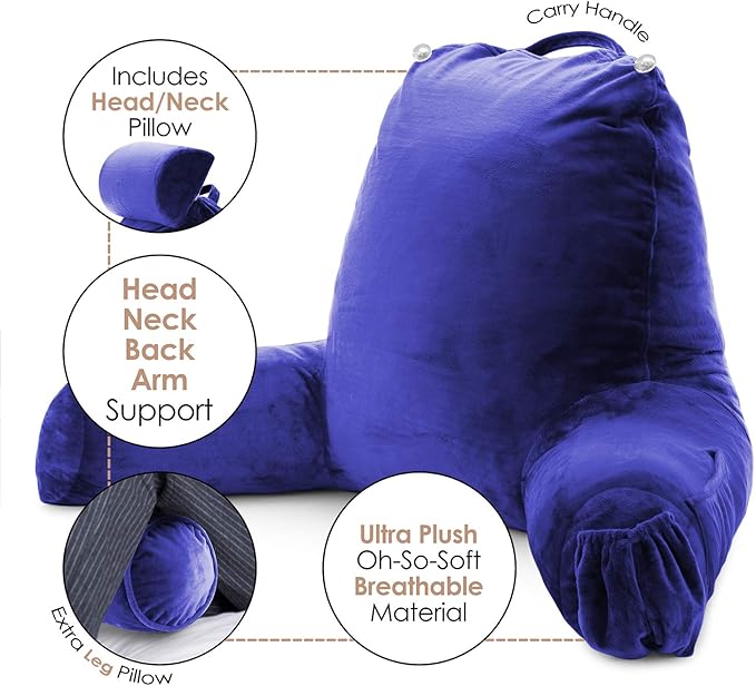 Clara Clark Reading Pillow with Shredded Memory Foam Includes 2 Neck and Lumber Support Pillows, Designed for Sitting Up in Bed and Couch Back and Arms Adjustable Support for Adults & Teens Royal Blue
