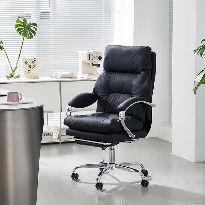LEAGOO Office Chair with Foot Rest, Ergonomic Executive Office Chair with Arms, Reclining High Back PU Leather Comfy Swivel Computer Desk Chairs with Wheels (Inky‌)