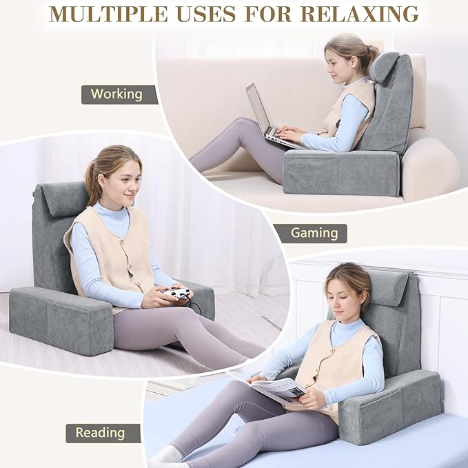 Bed Pillow for Sitting Up in Bed, 25” Ergonomic Reading Pillow with Adjustable Headrest & Arms, Dual Layer Memory Foam Back Pillow, Soft Plush Cover, Back Rest for Reading, TV, Gaming Dark Grey