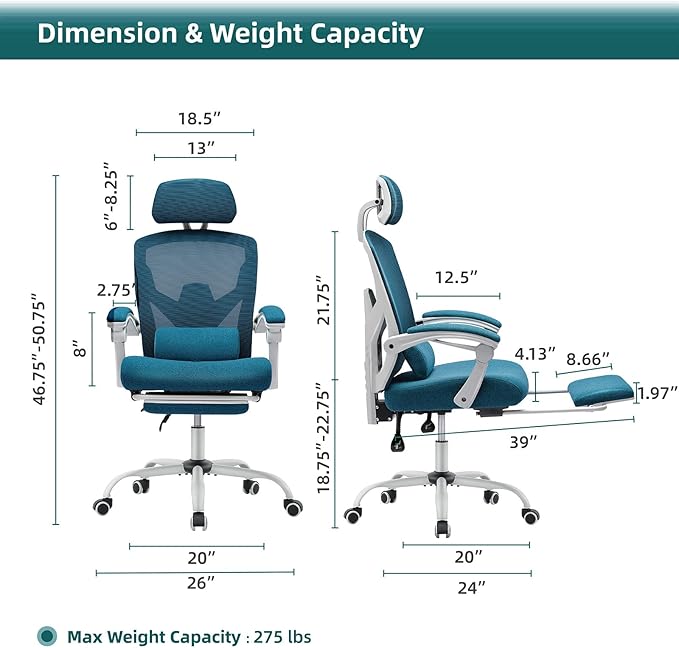 DUMOS Office Desk Computer Chair with Footrest, Ergonomic Mesh Swivel Gaming Chair with Rolling Wheels, Comfortable Headrest, Lumbar Support, Comfy for Home, Office, Task, Student, Elegant Blue