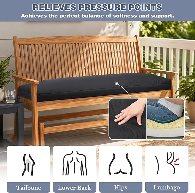 baibu 45Inch Outdoor Bench Cushion Waterproof, Bench Cushions for Outdoor Furniture, Dual-Layer Memory Foam atio Furniture Cushions, Porch Swing Seat Pad with Washable Cover & Ties, 45x16x3.5, Black