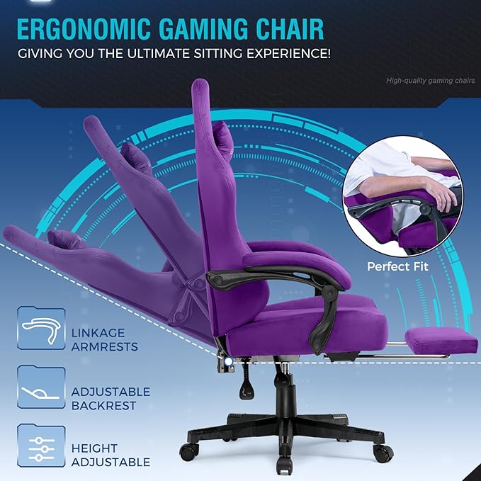 GTPLAYER Gaming Chair Fabric with Pocket Spring Cushion, High Back Ergonomic Computer Chair with Footrest for Adults Lumbar Support Swivel Game Chair for Office Gaming 350LBS, Dark Purple