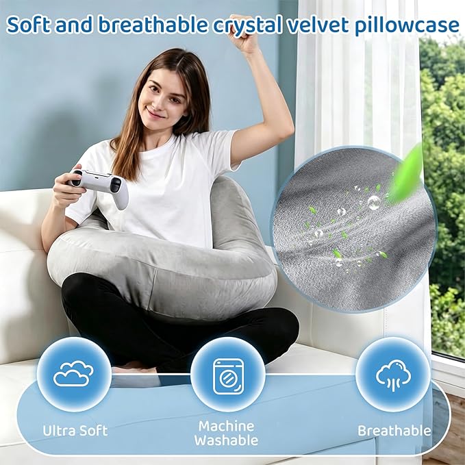 Crochet Pillow for Lap Support - Reading Pillow for Laptop with Extra Back Pillow for Support, Enlarged Gaming Pillow for Lap, Multi-Purpose Reading Pillow for Gaming/Working/Crocheting, Grey