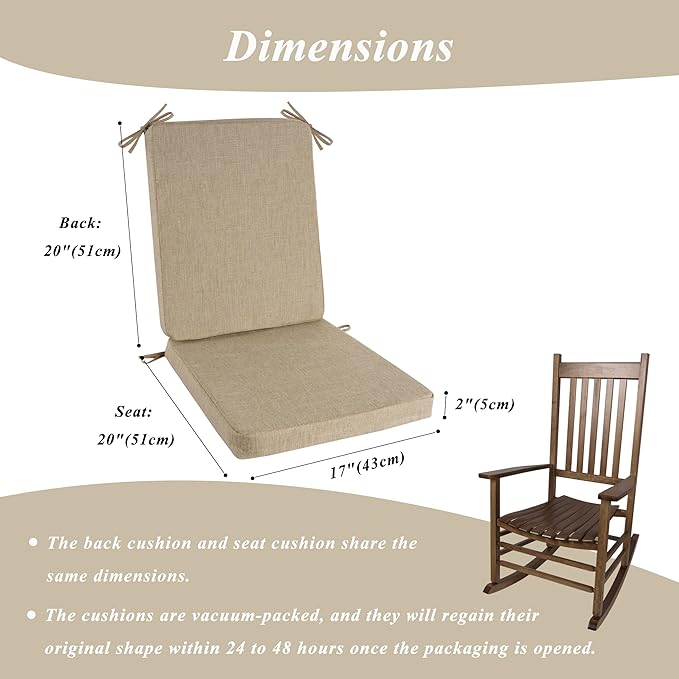 Rocking Chair Cushion Set with Machine Washable Cover Non-Slip Rocking Chair Cushions Indoor Seat and Back Pads with Ties 1 Pack, 2 Piece Set, 20"x 17"x 2" (Beige)