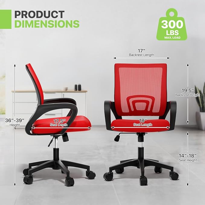 Magshion Ergonomic Office Chair 10 Pack, Mid-Back Mesh Desk Chair, Adjustable Swivel Computer Chair with Lumbar Support & Breathable Backrest for Gaming, Work, Study, 300 Lbs Capacity, Red