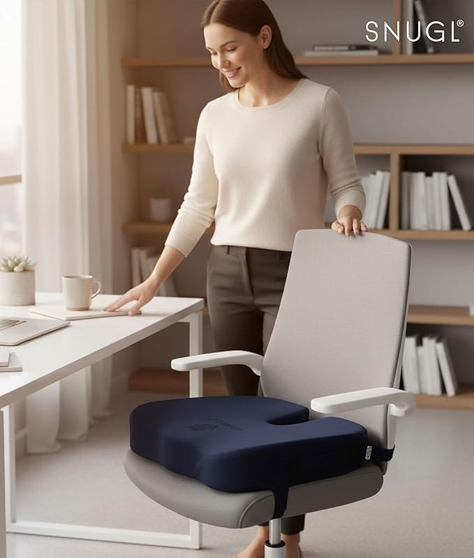 SNUGL Seat Cushion for Tailbone & Back Pain Relief – Orthopedic Memory Foam Coccyx Pillow for Office, Desk & Gaming Chairs – Sciatica & Hemorrhoid Treatment, Long Sitting Comfort (Regular Navy)