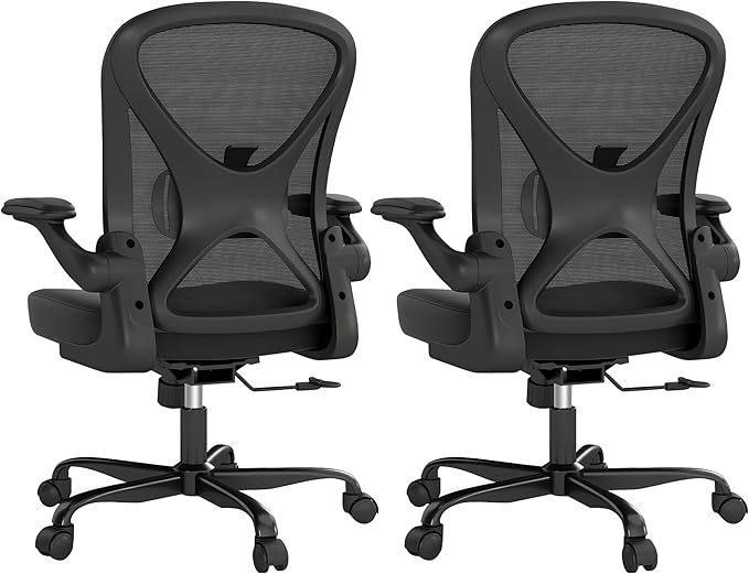 Ergonomic Office Chair Set of 2, Mesh Fabric Home Office Chairs with Adjustable Lumbar Support, 360° Swivel, and Flip-Up Armrests, Black