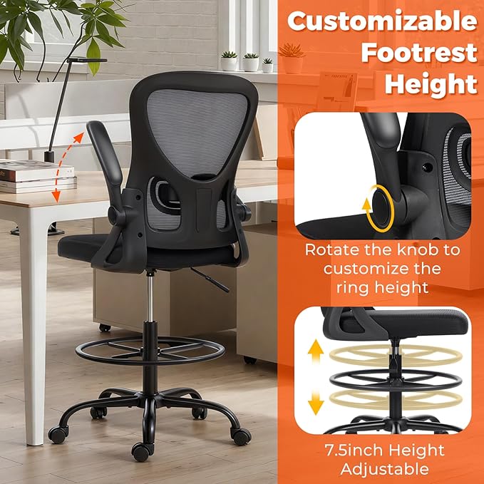 ECOTOUGE Tall Office Chair, Breathable Mesh Drafting Chair with Flip-up Armrests, Ergonomic Computer Standing Desk Chair with Adjustable Footrest Ring and Lumbar Support, Black