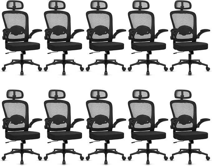 KLASIKA Desk Chairs with Wheels, Ergonomic Mesh Back Home Office Chair with Headrest, Adjustable Lumbar Support Swivel Rolling Computer Chairs Flip Up Arms for Conference Meeting Room, Black, 10PK