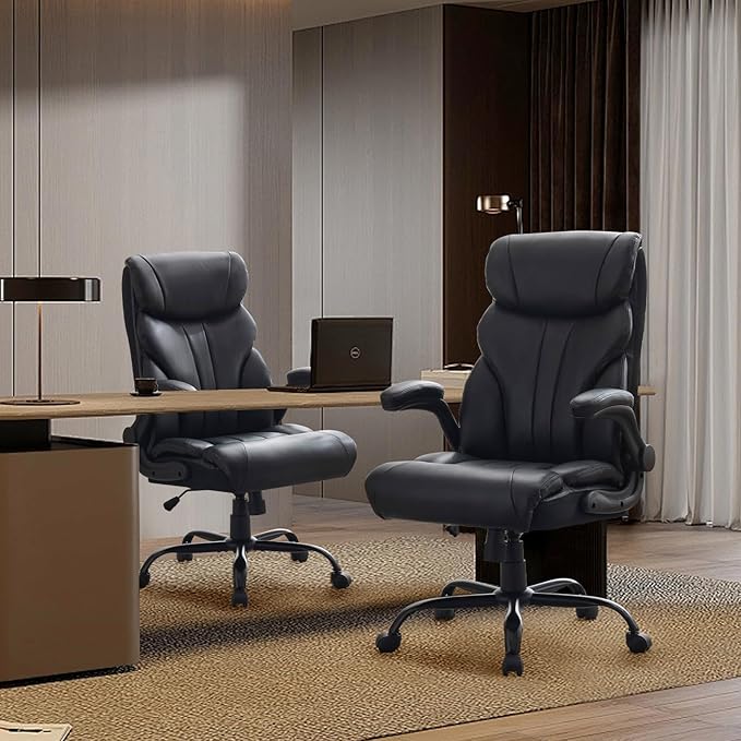 Garvee Comfortable Office Desk Chair 500 LBS, Big and Tall Office Chairs with Adjustable Flip-up Armrests,100-118°Recline Executive Leather Gaming Chair for Heavy People, Long Hours,Black