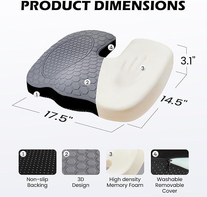 Seat Cushion - Foam Seat Cushion for Office Chairs & Car Cooling Gel Memory - Seats Sciatica & Hip & Coccyx Pain Relief Desk Chair Cushion for Long Sitting Office Workers, Gaming, Car Drivers