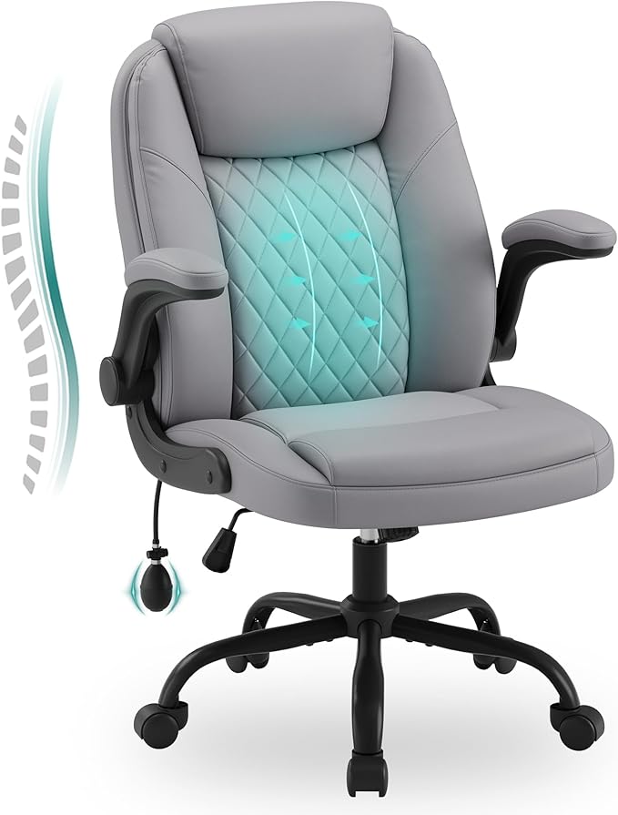 MALOL Leather Office Chair, Home Desk Chair with Adjustable Lumbar Support, Thick Cushion, Flip-Up Arms and Ergonomic Back, Comfy Executive Office Chair for Home Office, Grey