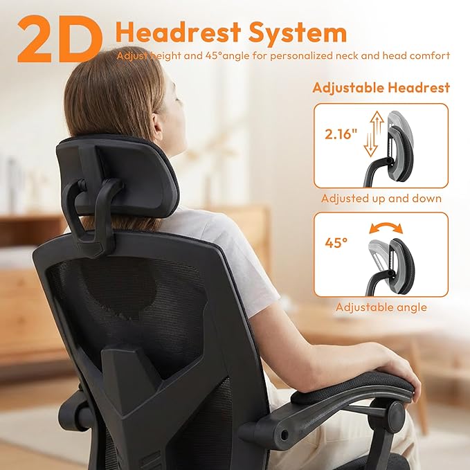 Desk Chair with Foot Rest, High-Back Mesh Office Chair with Wheels, Reclining Gaming Chair with Headrest and Adjustable Lumbar Support, 90°-130° Reclining, for Home Office and Gaming, Black