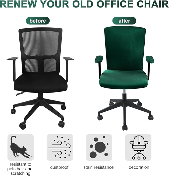 Tallew 4 Pcs Office Chair Covers Set Computer Universal Protective Stretchable Chair Seat Covers Desk Armrest Slipcovers Pads Office Cushion Backrest for Rotating(Dark Green)