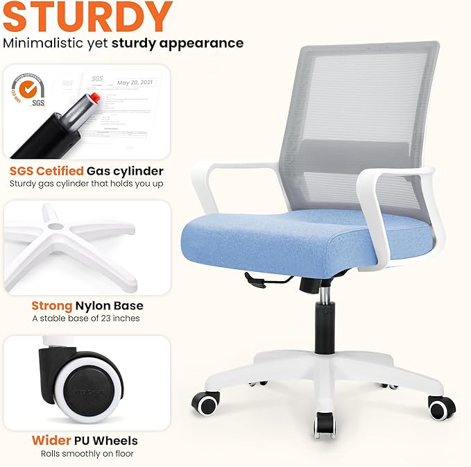 NEO CHAIR Office Chair Gaming Desk Computer Chair Ergonomic Mesh Mid Back with Wheels Lumbar Support Comfy Swivel Adjustable for Home (Sky Blue)