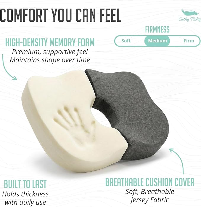 Cushy Tushy Tailbone Pain Relief Cushion - Premium Foldable Travel Tailbone Seat Cushion - for Relief of Lower Back, Sciatic, Butt and Tailbone Pain - Perfect for Home, Office & Driving