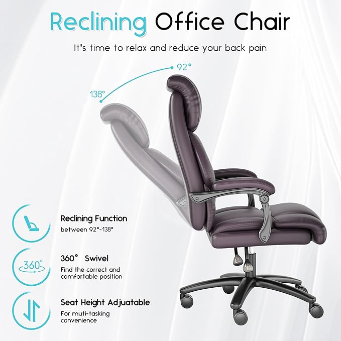 Ollega Reclining Office Chair, Executive Big and Tall Office Chair with Wide Seat, Recliner Leather High Back Computer Desk Chairs (Brown)