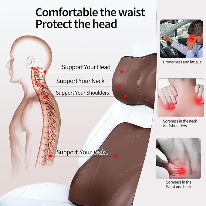 Memory Foam Car Headrest Neck Pillow Lumbar Support Cushion for Tesla Model Y/3/X/S BMW X3 X5 Lexus TX350 NX350 350h RX350 Volvo XC60 XC90 for Long Trips Driving Home Office(Brown)