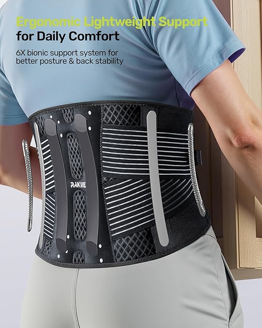 Rakiie Slim Back Brace for Lower Back Pain Relief, Lightweight & Breathable Back Support Brace for Men Women, Ergonomic Light Lumbar Support for Everyday Wear, Light Gray L