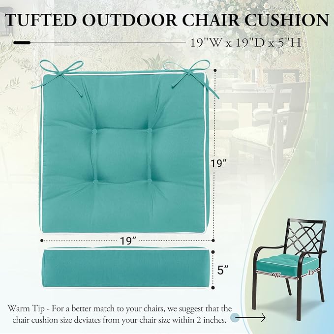 Wellsin Outdoor Chair Cushions Set of 2, Patio Cushions for Outdoor Furniture, Tufted Waterproof Outdoor Chair Pads, 19 x 19 Inch, Teal