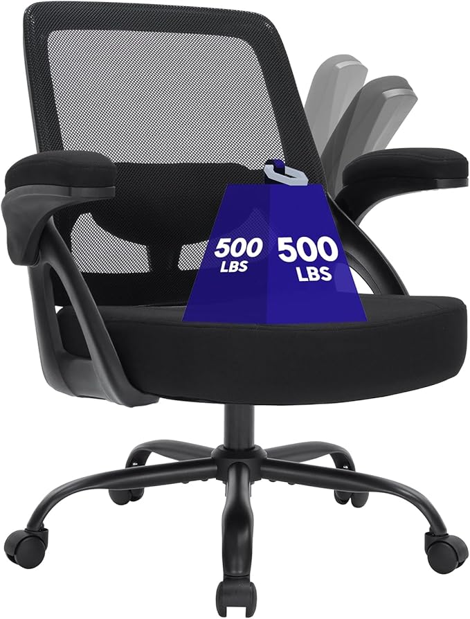 Big and Tall Office Chair 500BLS for Heavy People Mesh Wide Office Chair Heavy Duty Office Chairs with Flip-up Armrests Computer Desk Chair Black