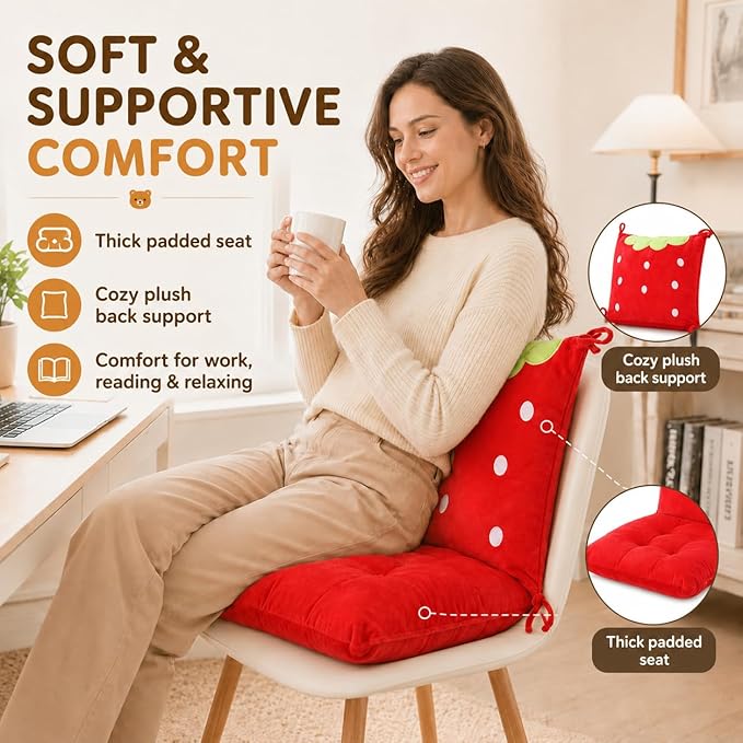 ChezMax Chair Cushion Plush Seat Cushion Back Cushion with Ties, Detachable Thickened Desk Chair Pads, Cartoon Waist Pillow Cushion Decor for Chair Car Office Patio Wheelchair, Cartoon Strawberry