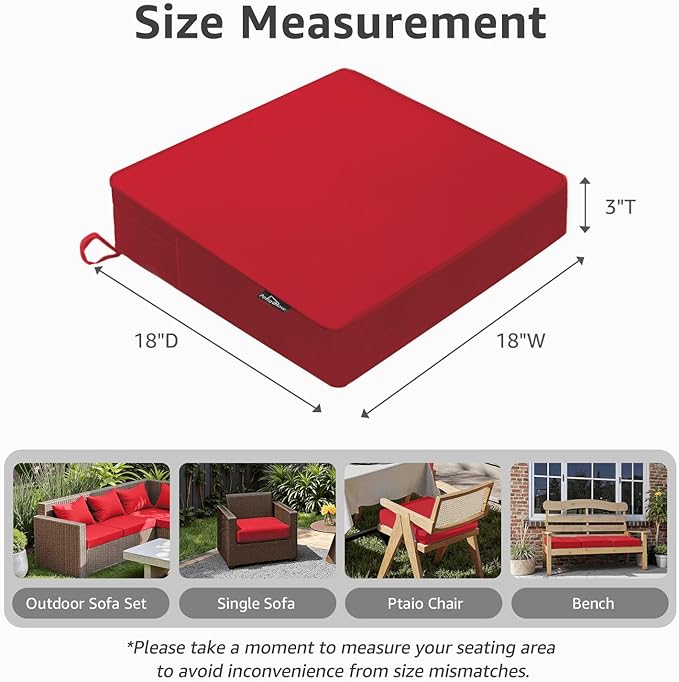 PatioGlow Outdoor Chair Cushions 18 x 18 x 3 Inch, Waterproof & Fade Resistant Patio Seat Cushion for Furniture with Handle and Ties, Thick Seating Pads for Outside Sofa Couch Set of 2, Red
