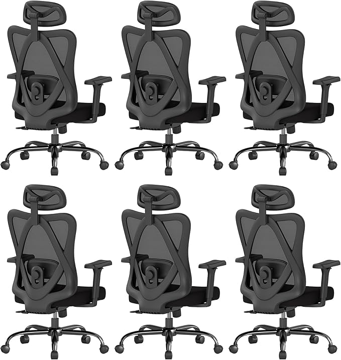 Ergonomic Office Chair with Adjustable Lumbar Support, High Back Mesh Computer Desk Chairs with 3D Headrest and Armrest, Rocking Function, for Home, Office, 6PC, Black