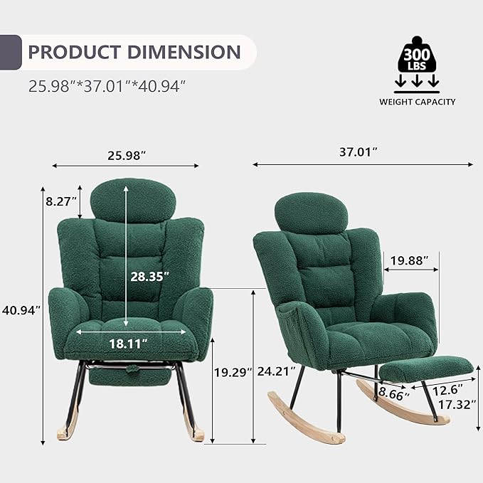 MINCETA Nursing Rocking Chair with Foot Rest, Modern Nursery Chair for Breastfeeding and Relaxing, Upholstered Glider with Head Support, High Back Ergonomic Design for Nursing Mom and Baby, Green