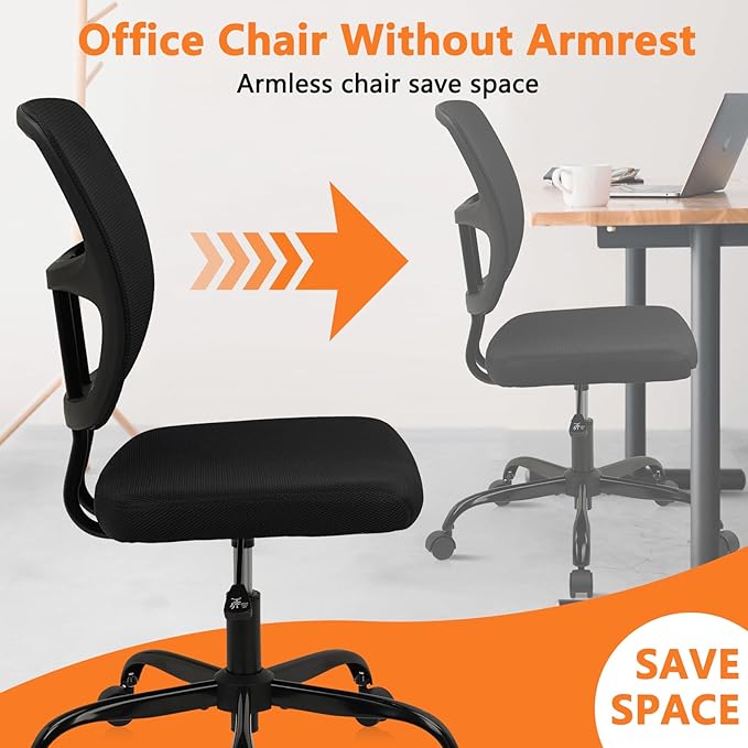 CLATINA Armless Home Office Chair, Small Ergonomic Mesh Back Desk Chair with Lumbar Support and Wheels, Adjustable Height 360° Swivel Rolling Computer Chair for Conference Waiting, Black, 8Pack