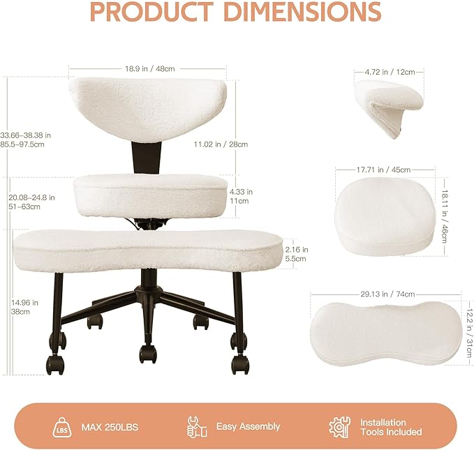 Garvee Ergonomic Cross Legged Office Chair with Lumbar Support, 360° Swivel Meditation Chair with Wheels - Adjustable Height for ADHD Desk & Yoga, Wide Criss Cross Chair, Kneeling Chair for Home