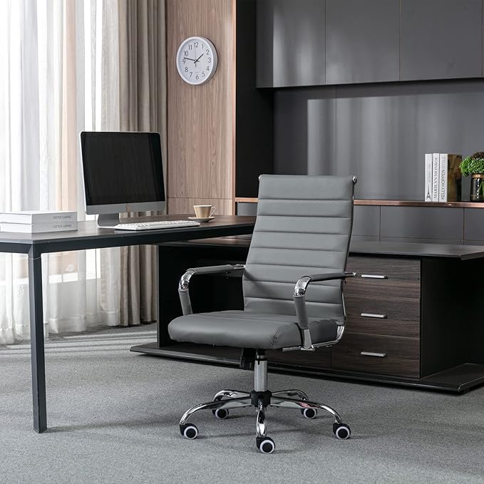 Home Office Chair Ribbed, Modern Leather Conference Room Chairs,Ergonomic Office Desk Chair, High Back Computer Chair, Adjustable Swivel Chair with Arms (Grey)