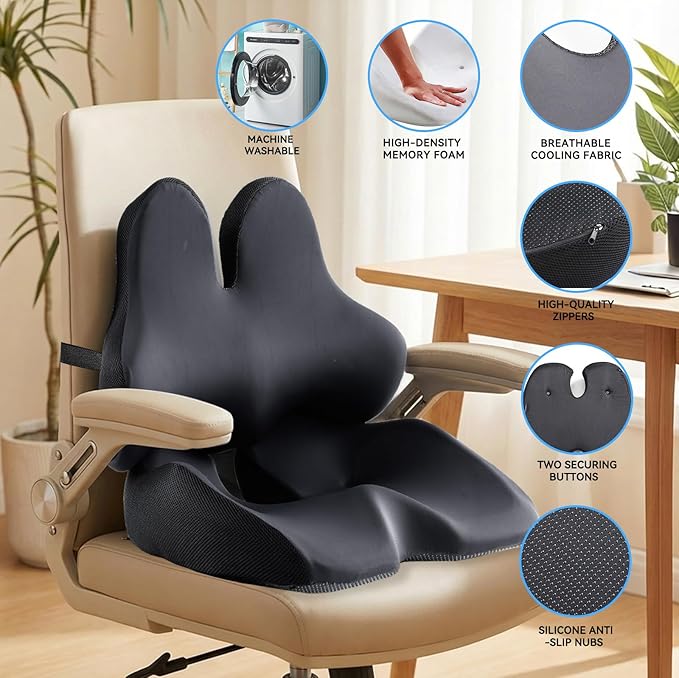 Seat Cushion Lumbar Support Pillow Set with Adjustable Fixed Strap, Memory Foam Coccyx Pad for Tailbone & Sciatica Pain Relief, Chair Cushions Back Support for Car, Office, Desk, Wheelchair