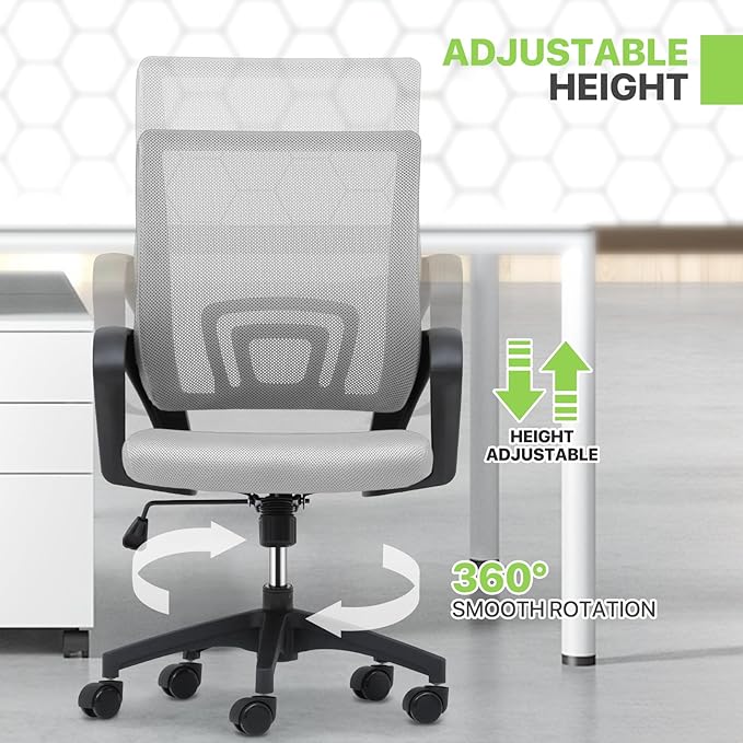 Magshion Ergonomic Office Desk Chair, Mid-Back Mesh Computer Chair, Swivel Chair with Breathable Backrest & Lumbar Support, Adjustable Height for Gaming, Work, Study, 300 Lbs Capacity, Light Gray