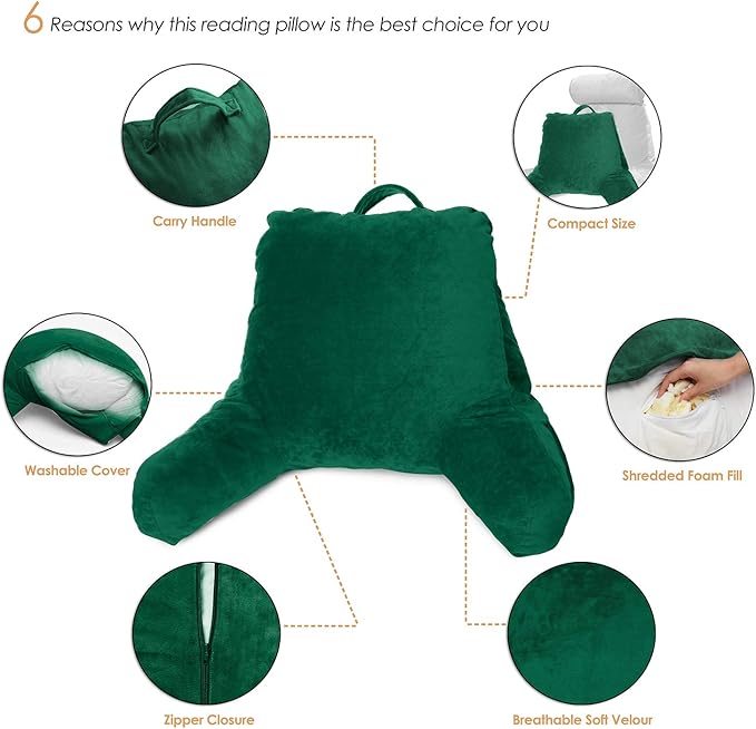 Clara Clark Reading Pillow for Kids & Teens with Shredded Memory Foam, Backrest Pillows for Reading, Watching, and Gaming, Use on The Couch, Bed, or Floor Adjustable Support, Washable Cover Dark Green