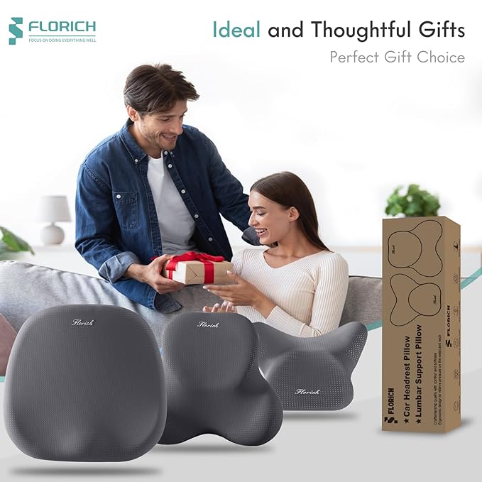 FLORICH Car Seat Cushion and Lumbar Support Pillow for Office Chair Car, Neck Headrest Pillow, Ergonomic Memory Foam, Pressure-Relieving Back Support for Car, Office Chair & Wheelchair – Gray