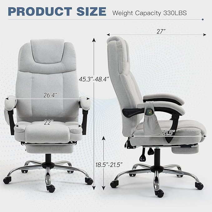 ECOTOUGE Massage Office Chair with Footrest, Ergonomic Adjustable Reclining Executive Heated Office Chair w/ 6 Vibration Points & Heat for Home Office, Light Grey