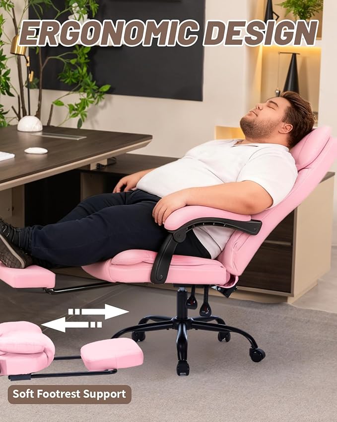 600lbs Office Chair with Footrest, Executive Chair with Padded Armrests, Reclining Desk Chair with Lumbar Support, High Back Leather Chair for Heavy People (Pink)