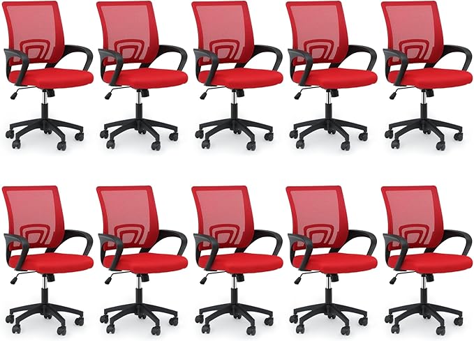 MoNiBloom Mesh Office Chair, Ergonomic Computer Chair for Adults, Rolling Swivel Mid-Back Desk Chair with Lumbar Support, Comfy Armrest for Home Office, Gaming, Red 10 Pack