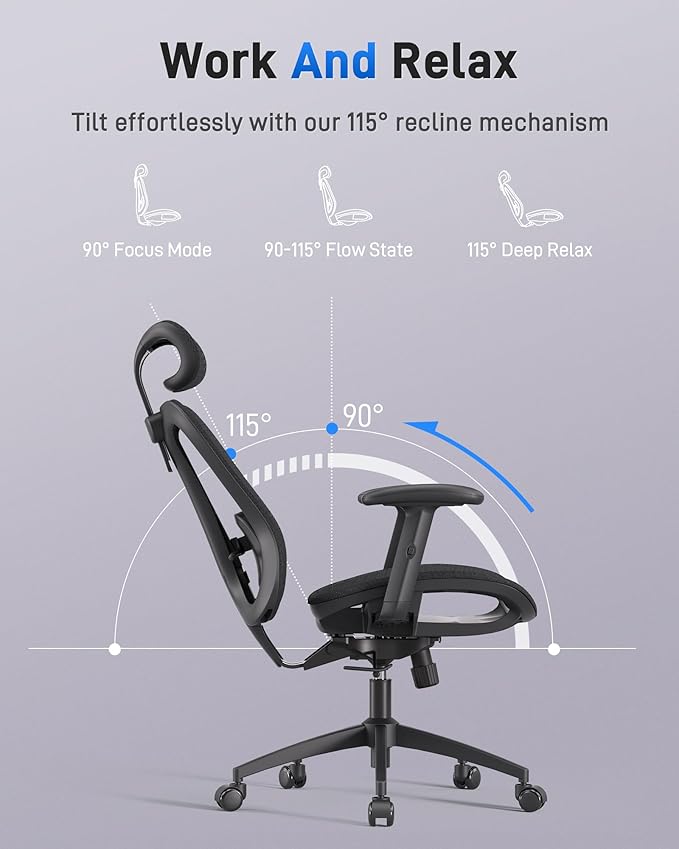 amseatec Ergonomic Office Desk Chair, Comfortable Computer Gaming Chair, Breathable Mesh Back & Seat, Adjustable Armrest & Headrest, Lumbar Support, Butterfly Design for Home Office (Black)