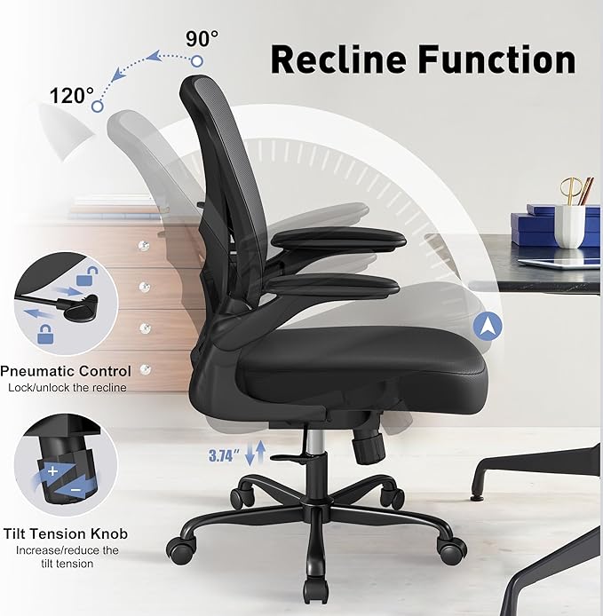 Ergonomic Mesh Office Chair, Computer Chair with Flip-Up Armrests, Adjustable Lumbar Support, Height Adjustable, Smooth Casters, and 360° Swivel, 10PC, Black