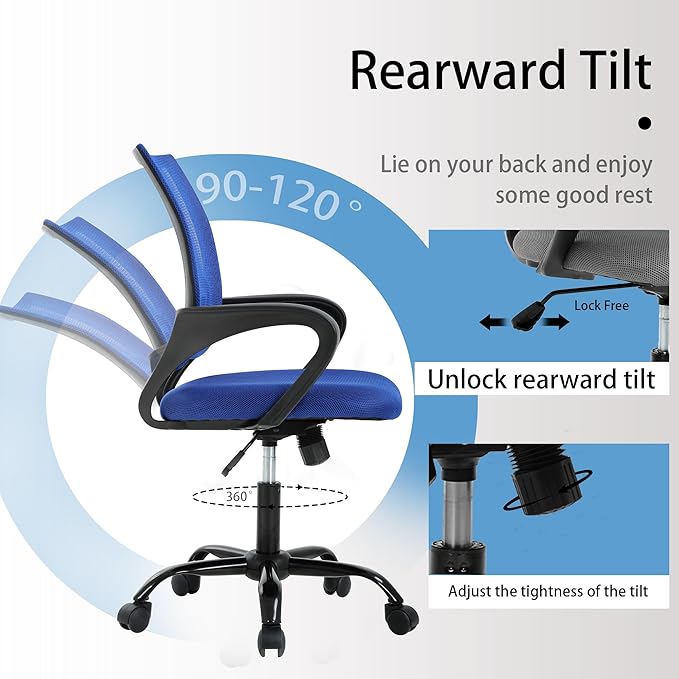 All-Day Comfort Office Chair - Breathable Mesh with Lumbar Support & Adjustable Height, Metal Base, Blue