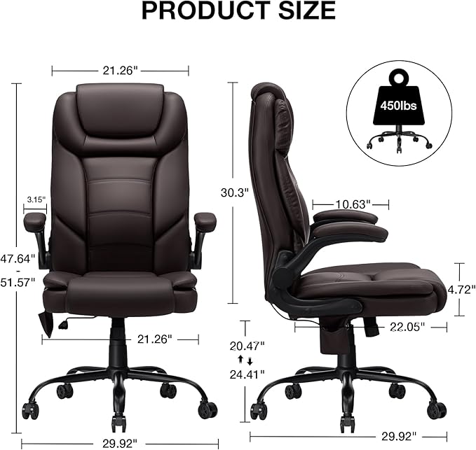 450lbs Executive Office Chair with Inflatable Lumbar Support, Heavy Duty Office Chair for Heavy People, Big and Tall Ergonomic Comfy Chair with Flip-Up Armrests, Breathable PU Leather (Brown)