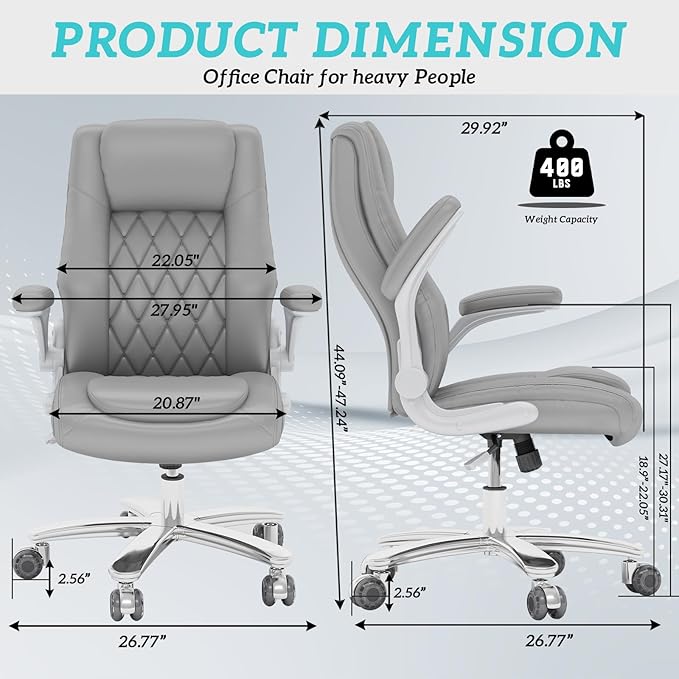 GYI Office Chair, Ergonomic Computer Desk Chair, Leather Executive Office Chair with High Back, Lumbar Support, Flip-up Arms, Wide and Thick Padded Seat, Heavy Duty Base, Rubber Wheels, Grey
