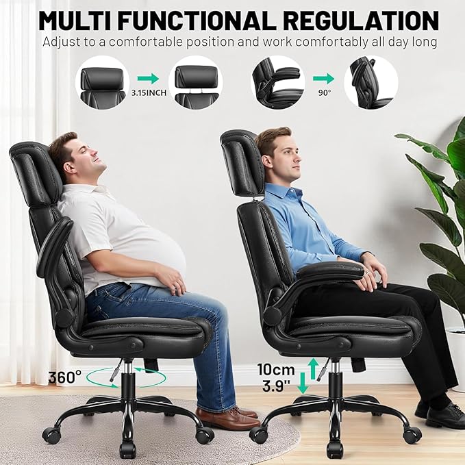 BestGlory Ergonomic Office Chair, PU Leather High Back Desk Chair with Adjustable Headrest and Padded Flip-Up Arms, Lumbar Support Computer Chair for Home Office Gaming, Black