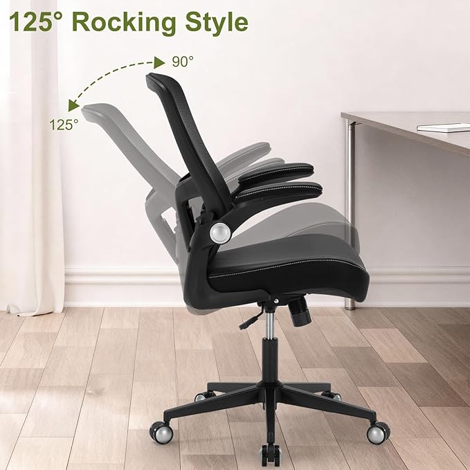 Ergonomic PU Leather Office Chair, 400lbs Weight Capacity, Breathable Mesh Back, Adjustable Height & Flip-Up Arms, Heavy Duty Computer Desk Chair for Home & Office, Black